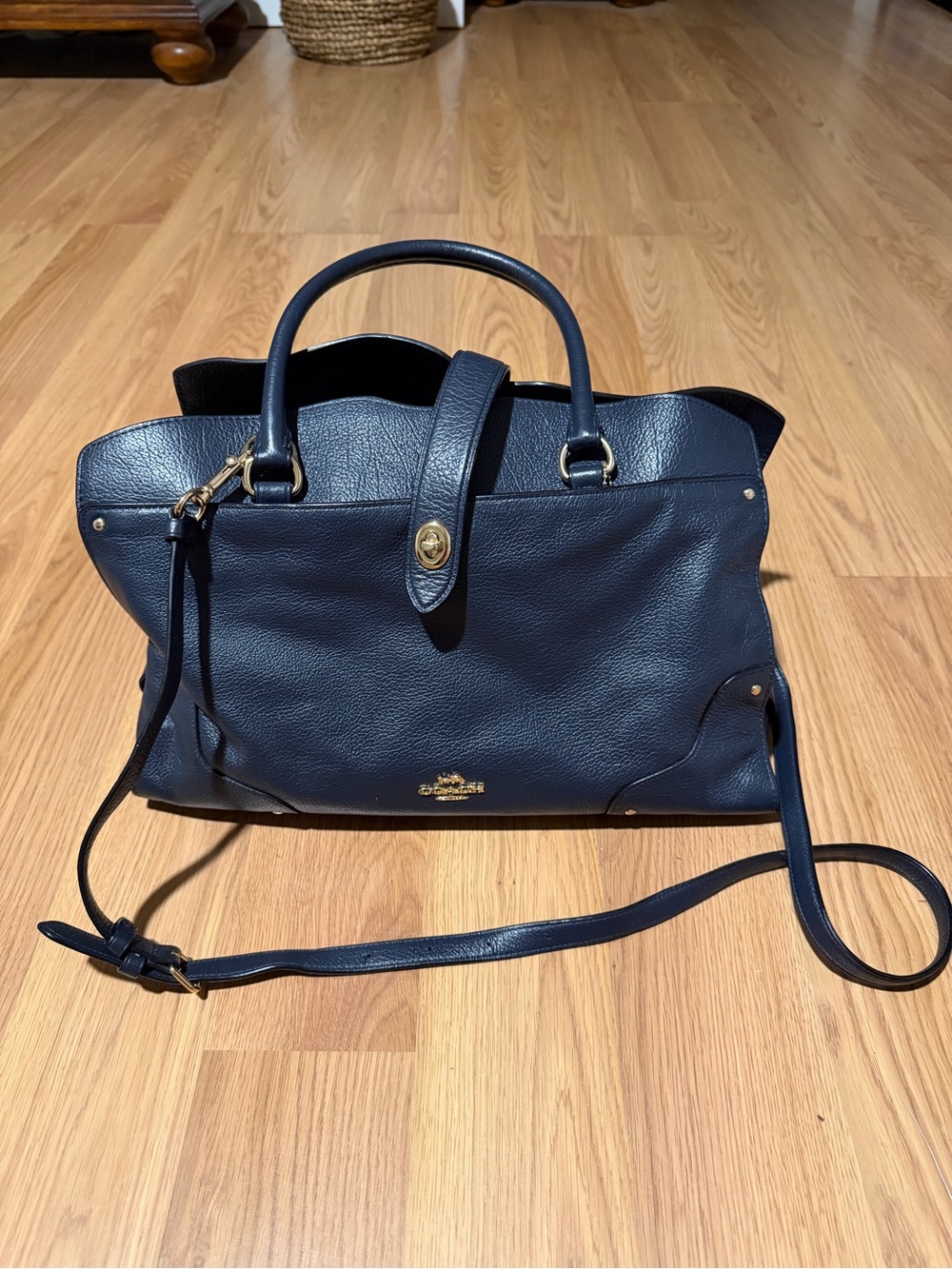 Coach Navy Pebbled Leather Satchel with Convertible Strap